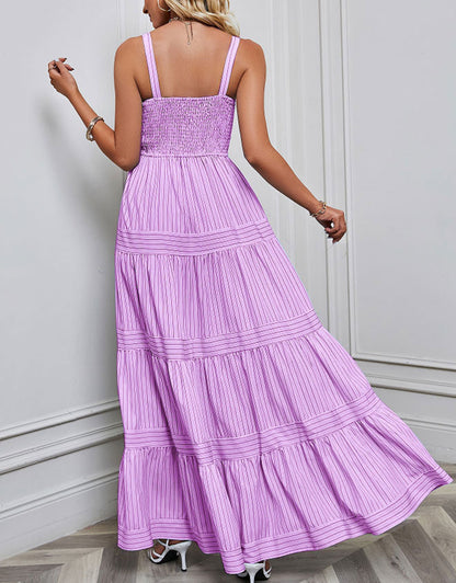 Suspender Sleeveless Vertical Striped Satin Midi Dress