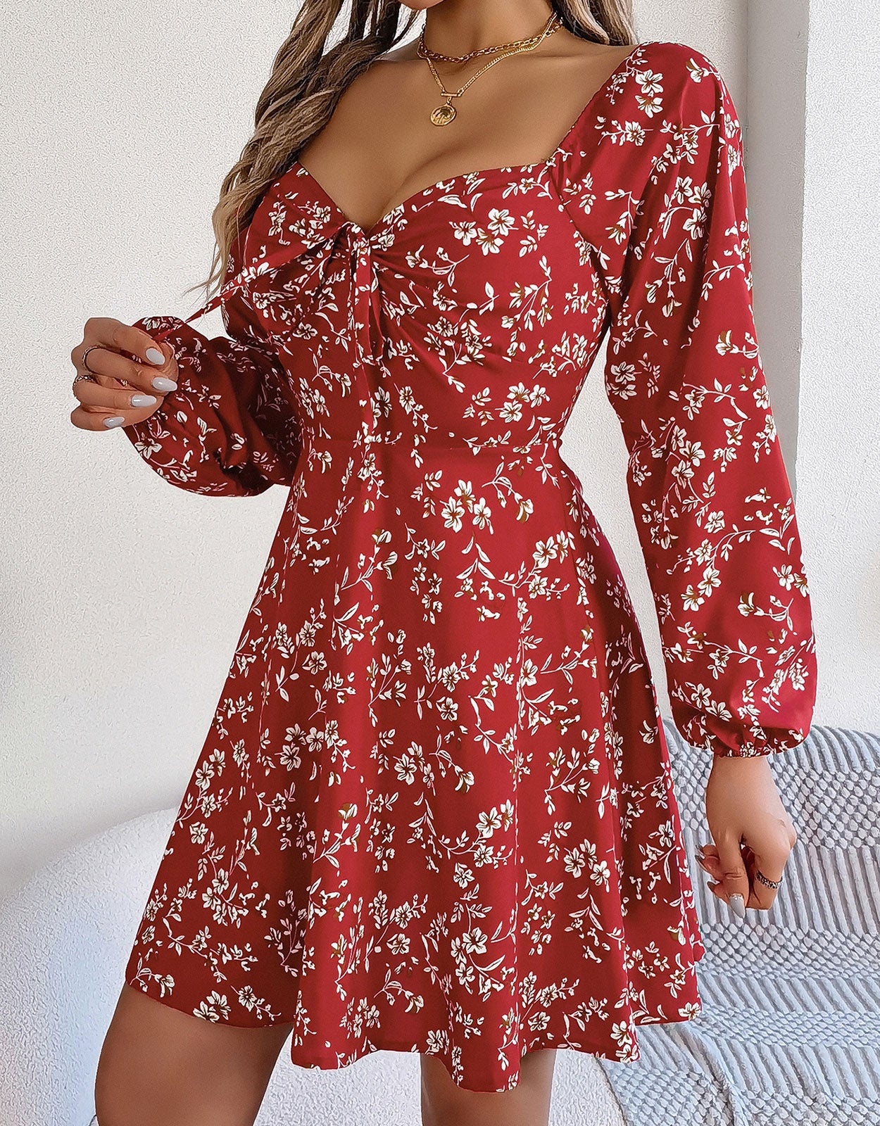 Long Sleeve Low Cut Sexy Bow Print Mini Dress