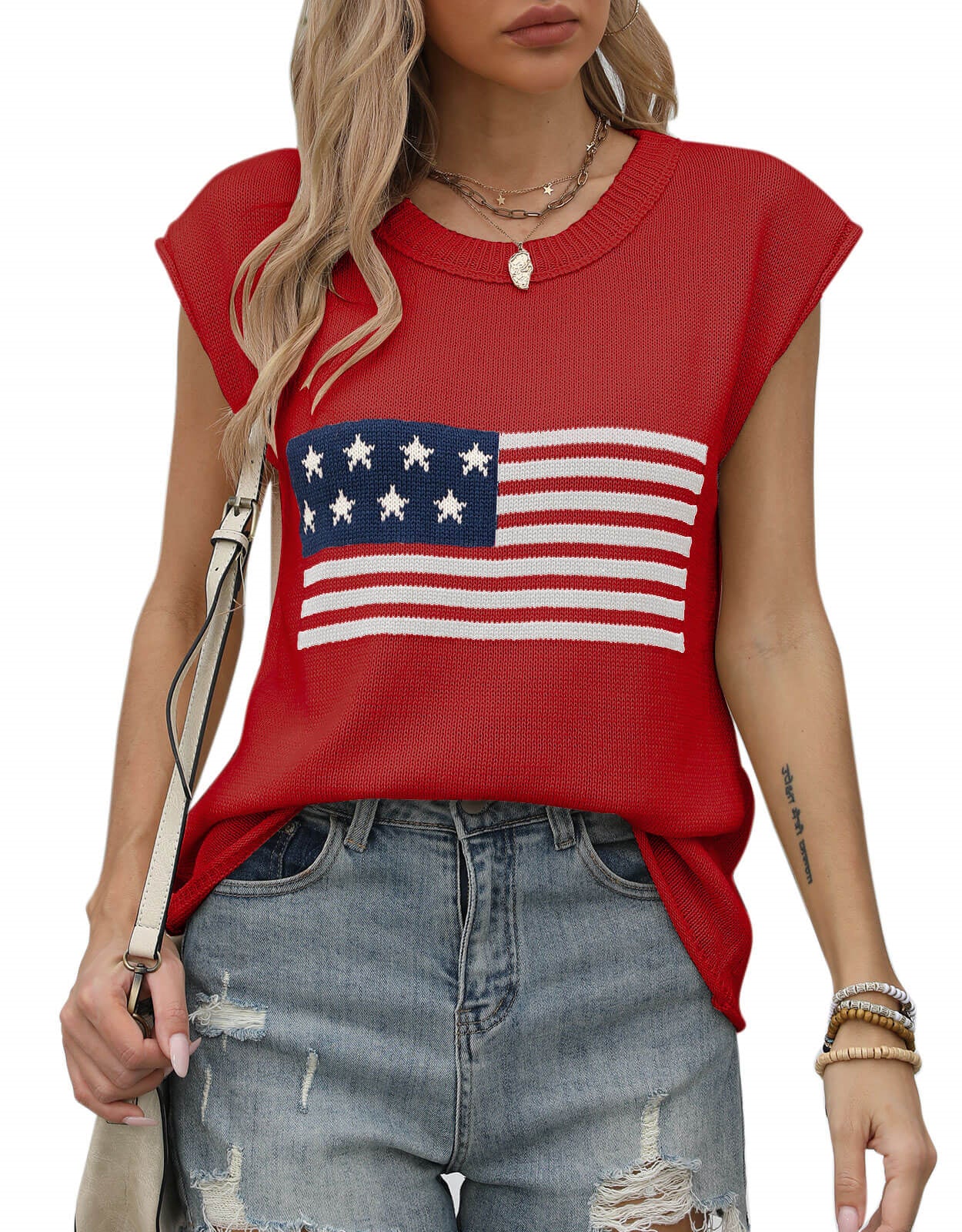 American Flag Loose Short Sleeve Round Neck Sweater