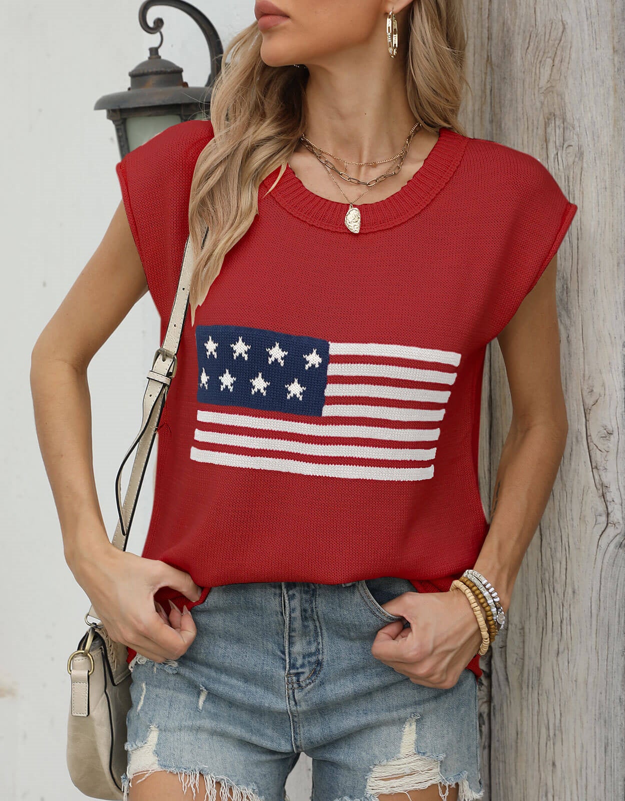 American Flag Loose Short Sleeve Round Neck Sweater