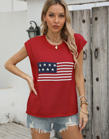 American Flag Loose Short Sleeve Round Neck Sweater