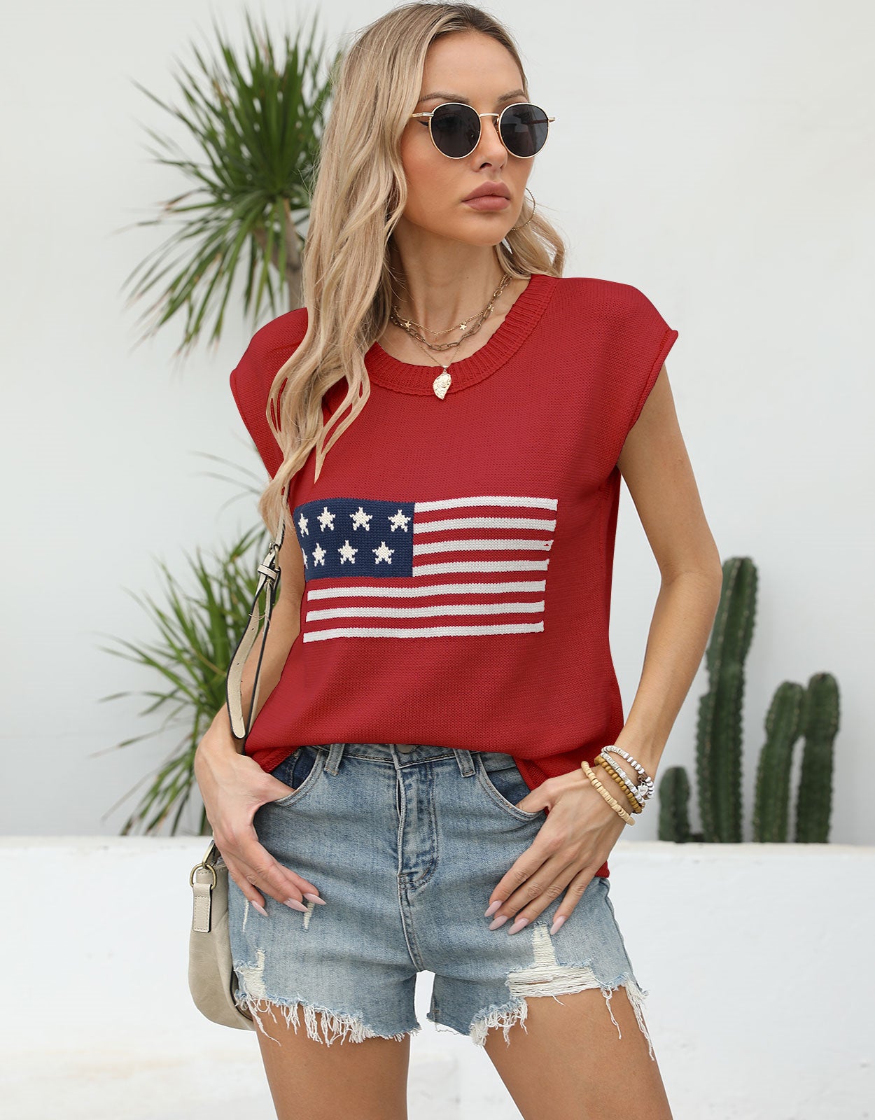 American Flag Loose Short Sleeve Round Neck Sweater