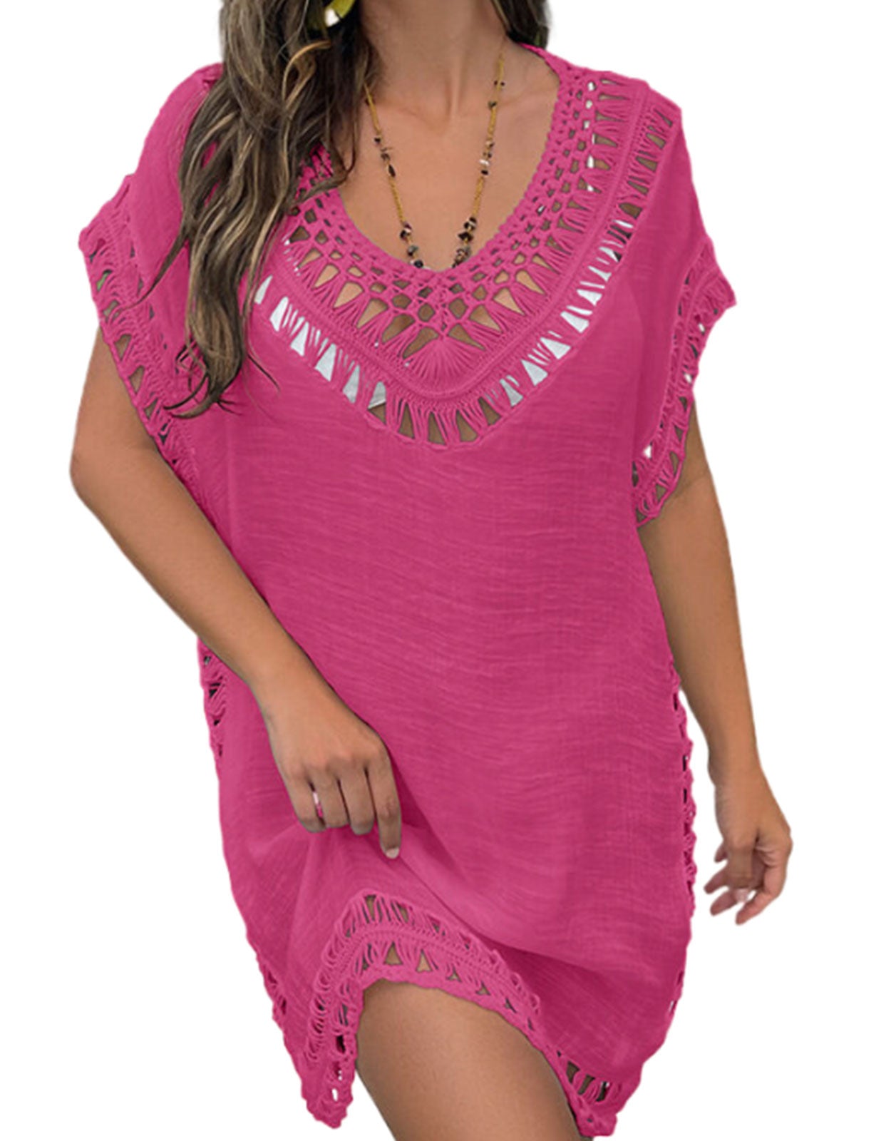 Women's hand-crocheted flower neckline sun protection short beach cover-up