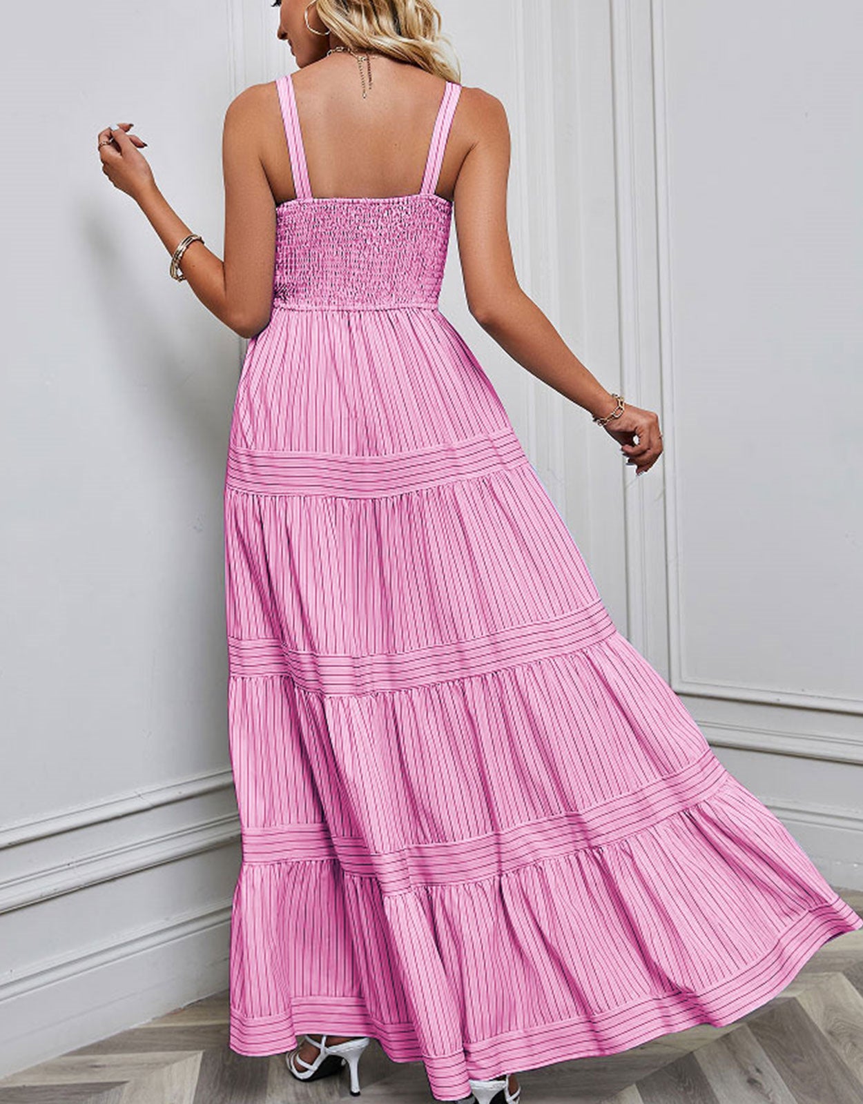 Suspender Sleeveless Vertical Striped Satin Midi Dress