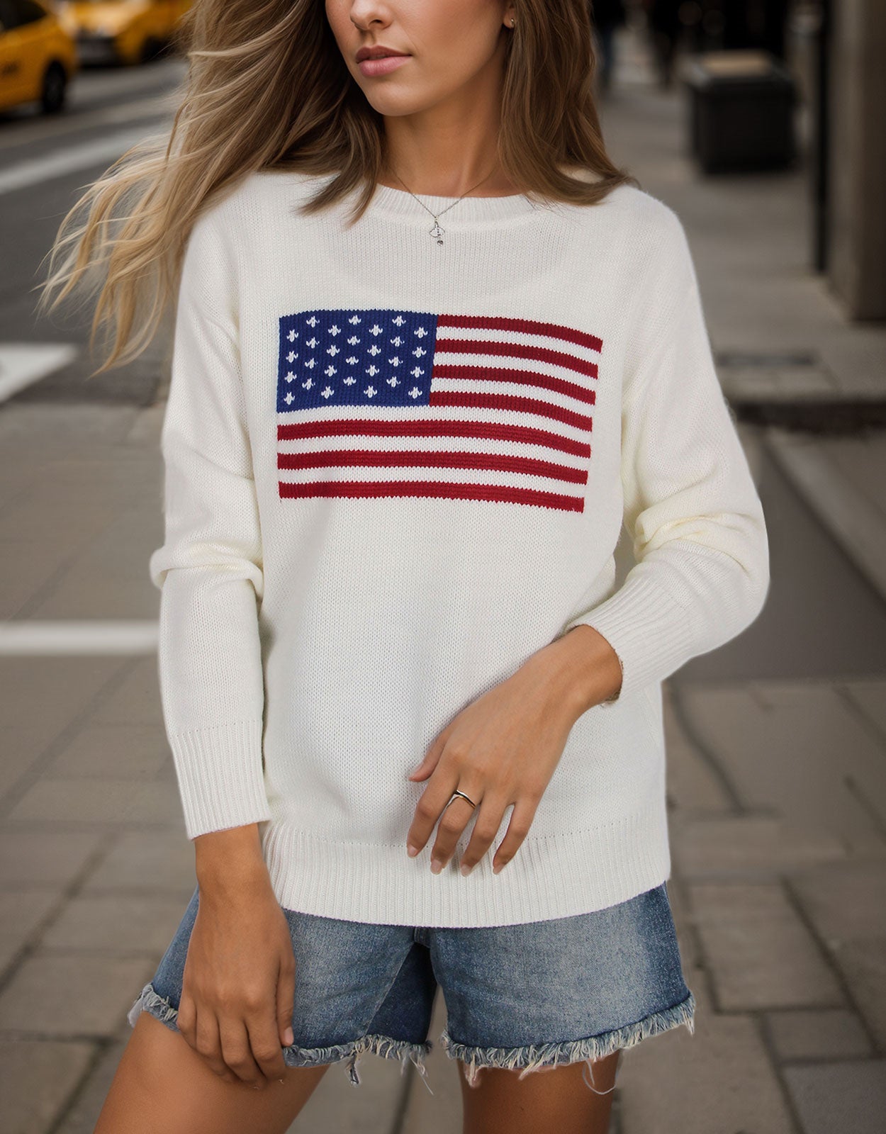 American Flag Loose Long Sleeve Crewneck Sweater