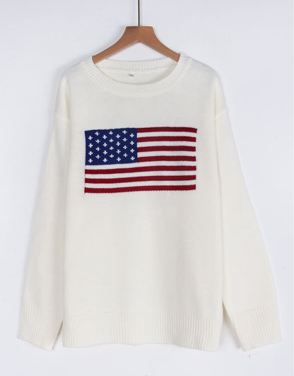 American Flag Loose Long Sleeve Crewneck Sweater