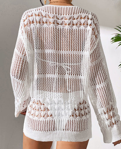 Women's Loose Hollow Long Sleeve Mini Cover-up