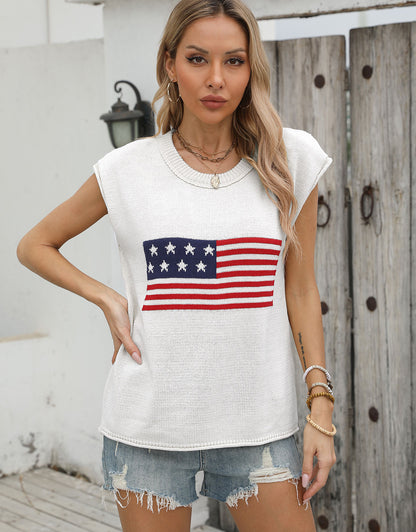 American Flag Loose Short Sleeve Round Neck Sweater