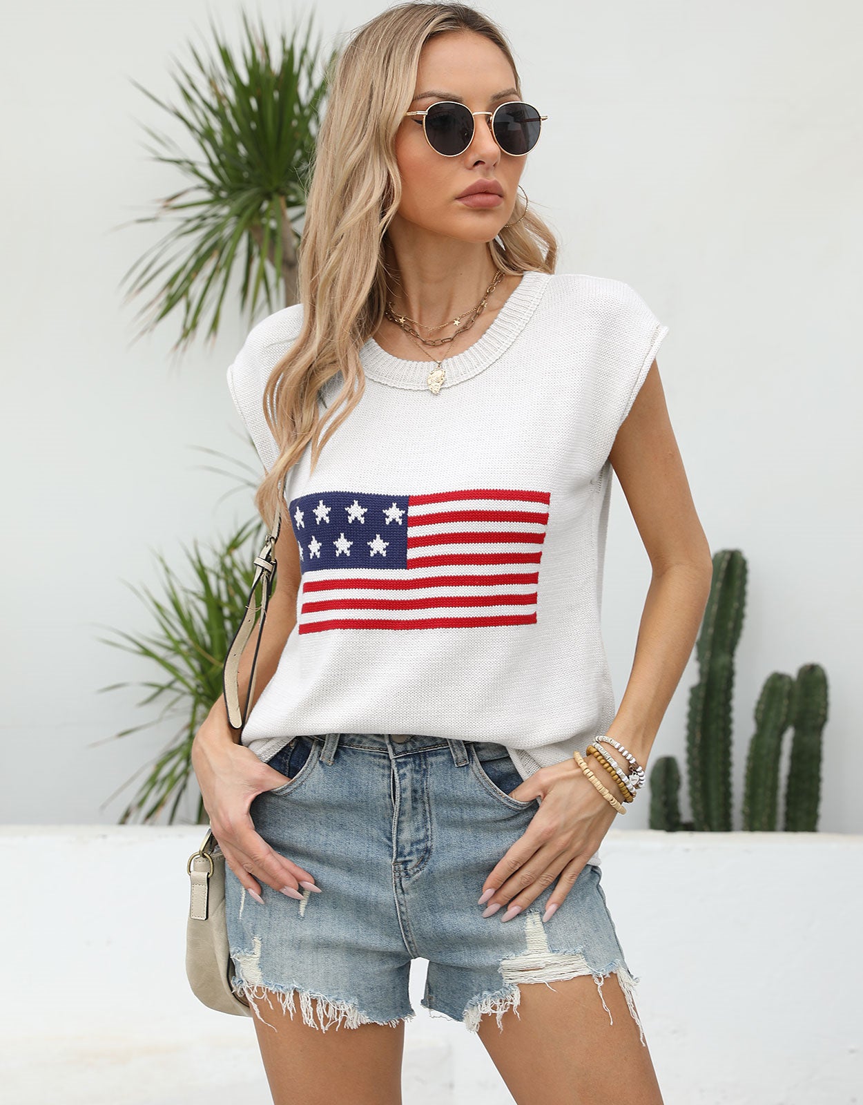 American Flag Loose Short Sleeve Round Neck Sweater