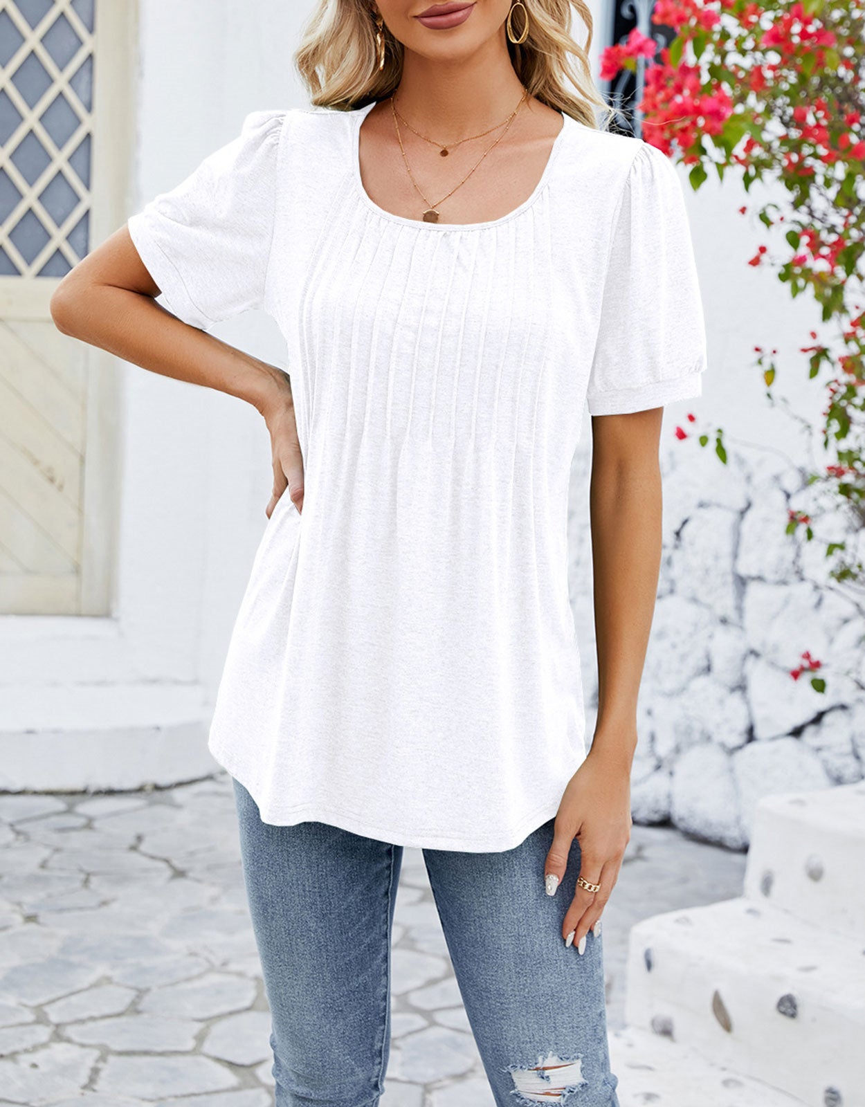 Summer Vertical Ruffle Sleeve Round Neck Top