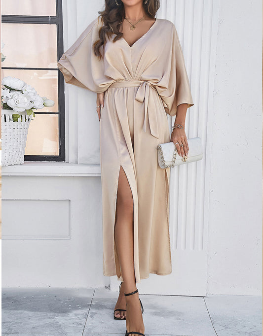 V-Neck Satin High Waist Loose Dress