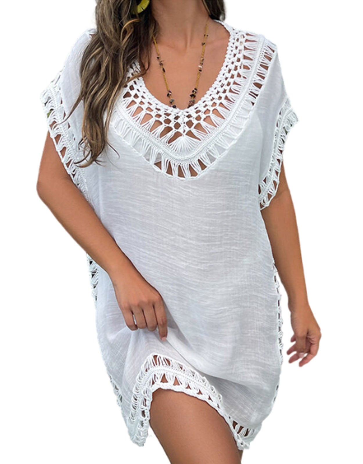 Women's hand-crocheted flower neckline sun protection short beach cover-up