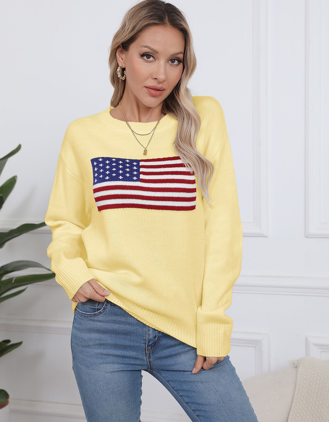 American Flag Loose Long Sleeve Crewneck Sweater