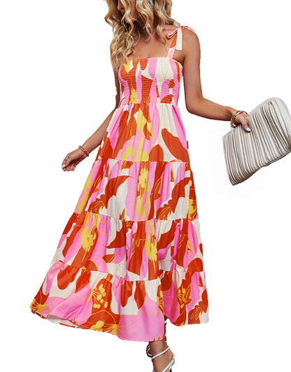 Suspender Pleated Flower Print Dress