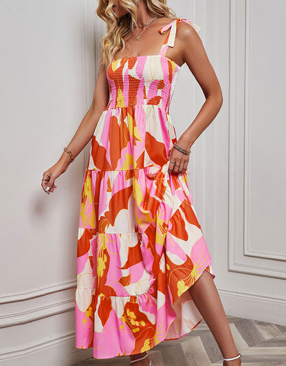 Suspender Pleated Flower Print Dress