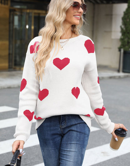 Cute Heart Lattern Sleeve Crew Neck Knit Pullover Top