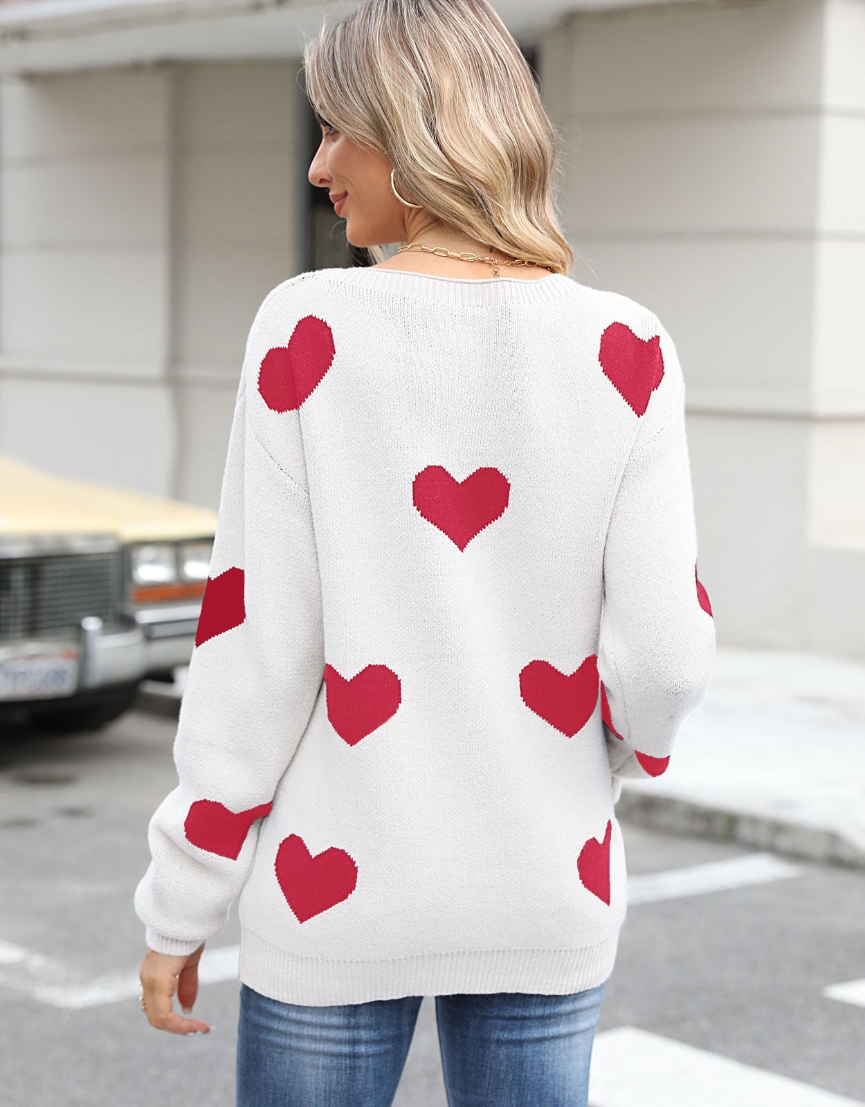 Cute Heart Lattern Sleeve Crew Neck Knit Pullover Top