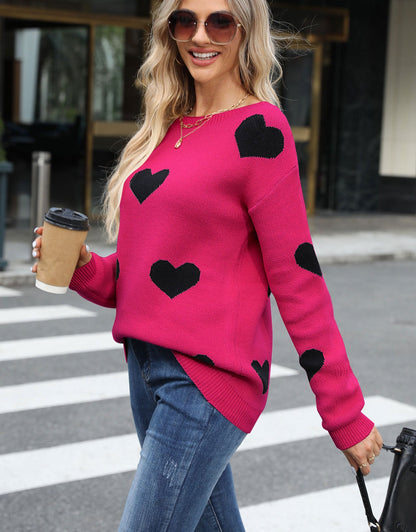 Cute Heart Lattern Sleeve Crew Neck Knit Pullover Top