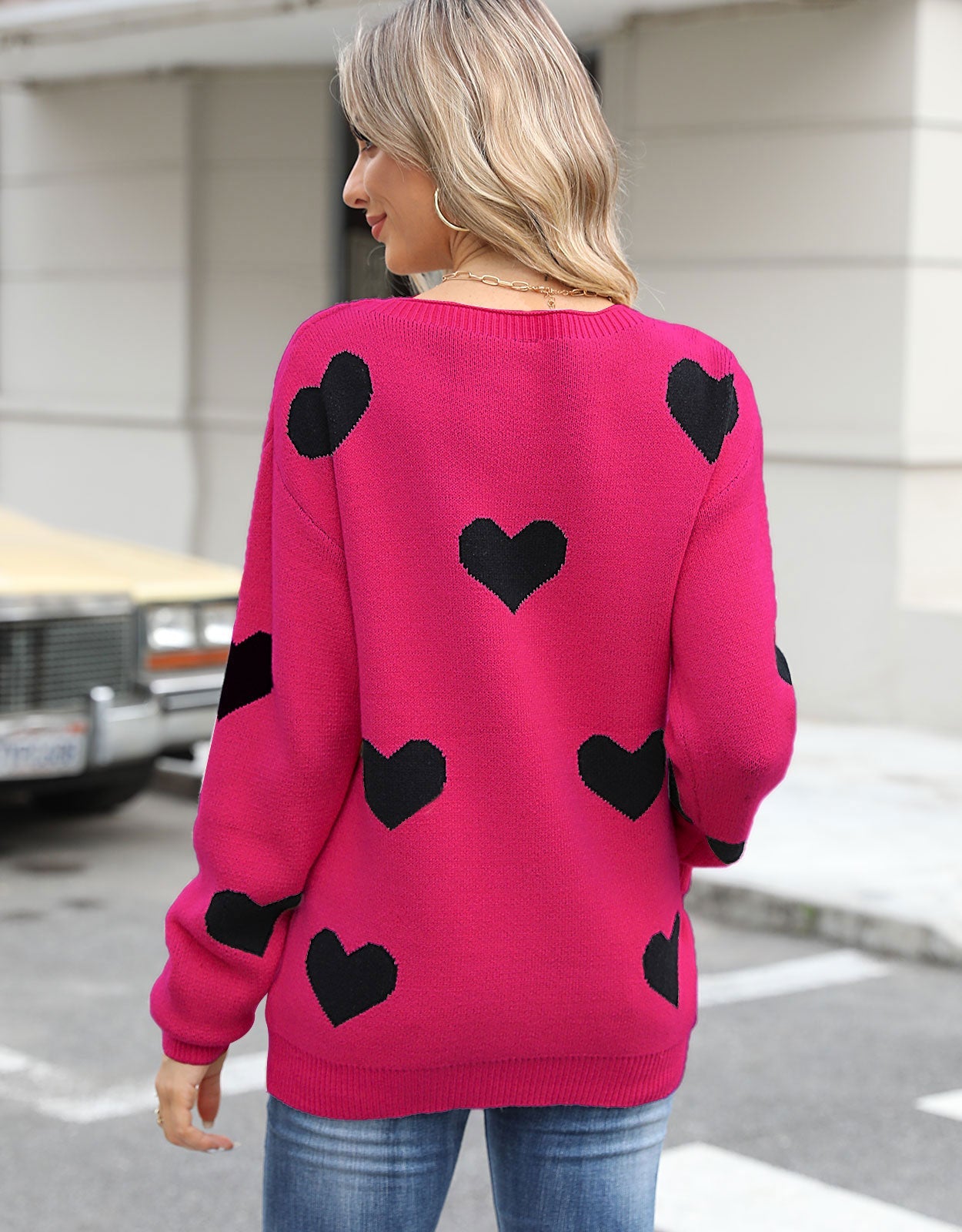 Cute Heart Lattern Sleeve Crew Neck Knit Pullover Top