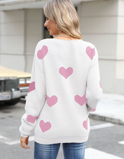 Cute Heart Lattern Sleeve Crew Neck Knit Pullover Top