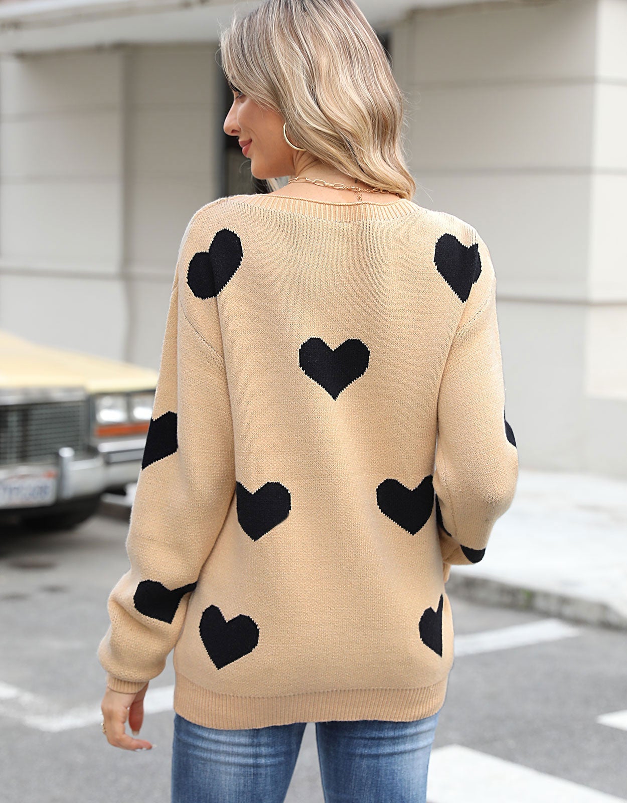 Cute Heart Lattern Sleeve Crew Neck Knit Pullover Top